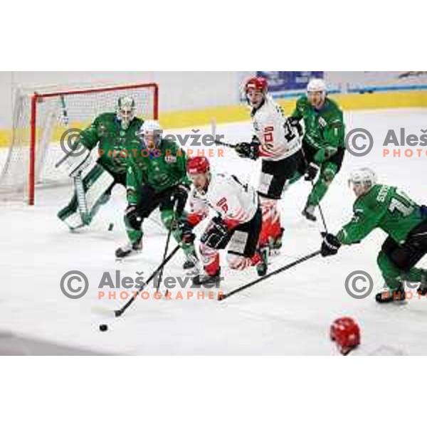 Andraz Zibelnik, Saso Rajsar and Mark Sever in action during third game of the Final of Slovenian Championship ice-hockey match between SZ Olimpija and SIJ Acroni Jesenice in Ljubljana, Slovenia on May 5, 2021