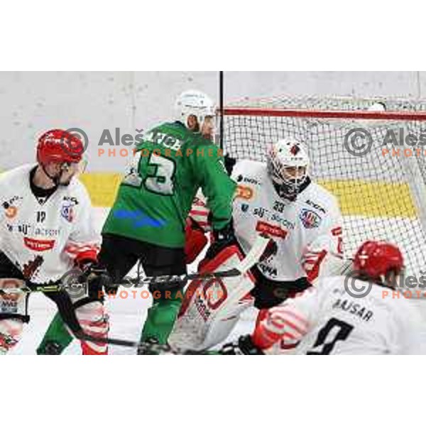 Ziga Pance and Zan Us in action during third game of the Final of Slovenian Championship ice-hockey match between SZ Olimpija and SIJ Acroni Jesenice in Ljubljana, Slovenia on May 5, 2021