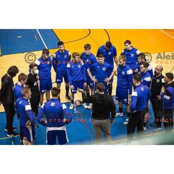 Players of Maribor Branik and Sinisa Markota, head coach of Maribor during cancelled 1.NLB handball match between Maribor Branik and Gorenje Velenje in Dvorana Tabor, Maribor, Slovenia on May 7, 2021