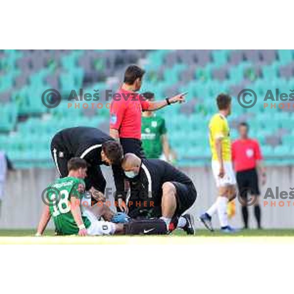 Injured Andres Vombergar of Olimpija during Prva Liga Telekom Slovenije 2020-2021 football match between Olimpija and Maribor in SRC Stozice, Ljubljana, Slovenia on May 9, 2021