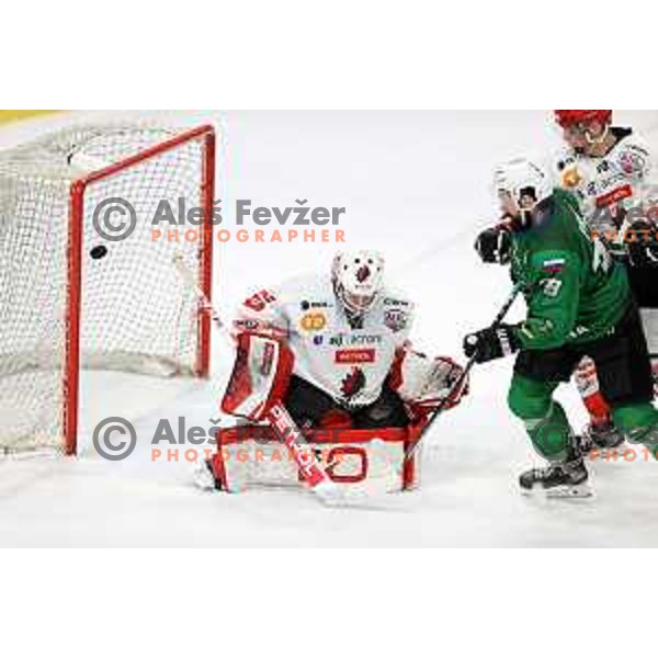 in action during fifth game of the Final of Slovenian Championship ice-hockey match between SZ Olimpija and SIJ Acroni Jesenice in Ljubljana, Slovenia on May 10, 2021