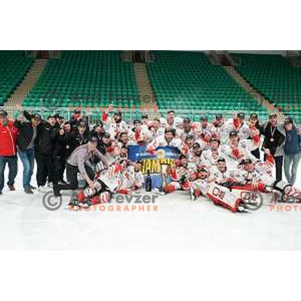 Players of SIJ Acroni Jesenice celebrate Slovenian Championship ice-hockey title after victory in fifth match v of the Final between SZ Olimpija and SIJ Acroni Jesenice in Ljubljana, Slovenia on May 10, 2021