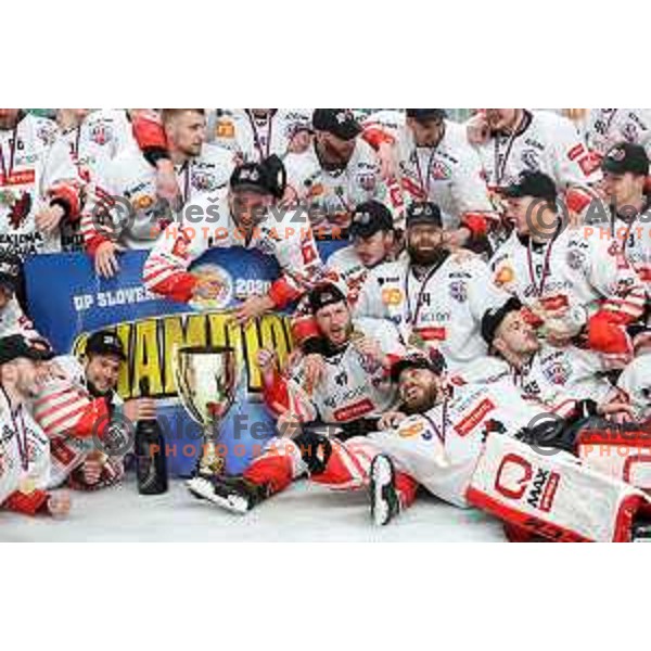 Gasper Glavic of SIJ Acroni Jesenice celebrate Slovenian Championship ice-hockey title after victory in fifth match v of the Final between SZ Olimpija and SIJ Acroni Jesenice in Ljubljana, Slovenia on May 10, 2021