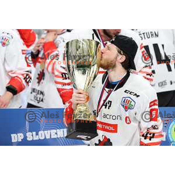 Gasper Glavic of SIJ Acroni Jesenice celebrate Slovenian Championship ice-hockey title after victory in fifth match v of the Final between SZ Olimpija and SIJ Acroni Jesenice in Ljubljana, Slovenia on May 10, 2021