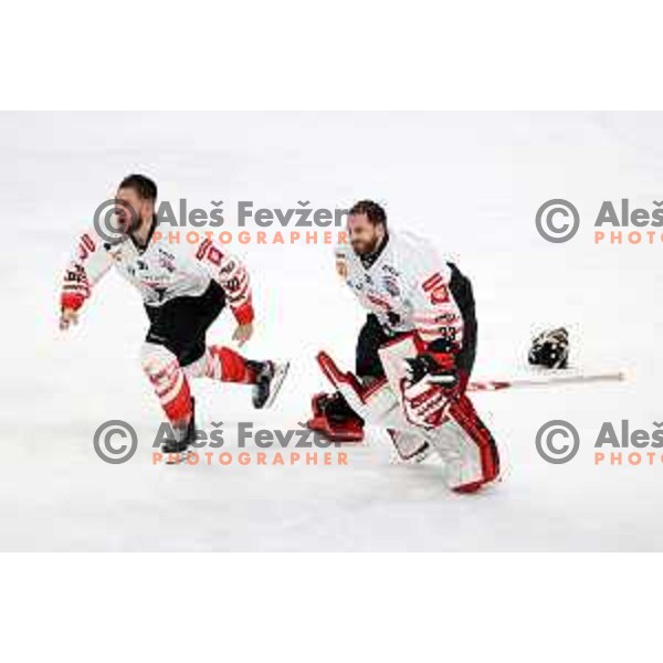 Zan Jezovsek and Zan Us of SIJ Acroni Jesenice celebrate Slovenian Championship ice-hockey title after victory in fifth match v of the Final between SZ Olimpija and SIJ Acroni Jesenice in Ljubljana, Slovenia on May 10, 2021