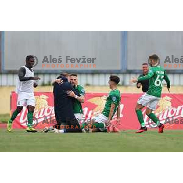 Eric Boakye, Timi Max Elsnik, Radivoj Bosic and Michael Pavlovic celebrate goal during Pivovarna Union Slovenian Cup 2020-2021 football match between Domzale and Olimpija in Domzale, Slovenia on May 12, 2021