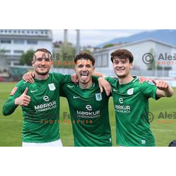 Djordje Ivanovic, Radivoj Bosic and Gal Kurez celebrate victory at Pivovarna Union Slovenian Cup 2020-2021 football match between Domzale and Olimpija in Domzale, Slovenia on May 12, 2021