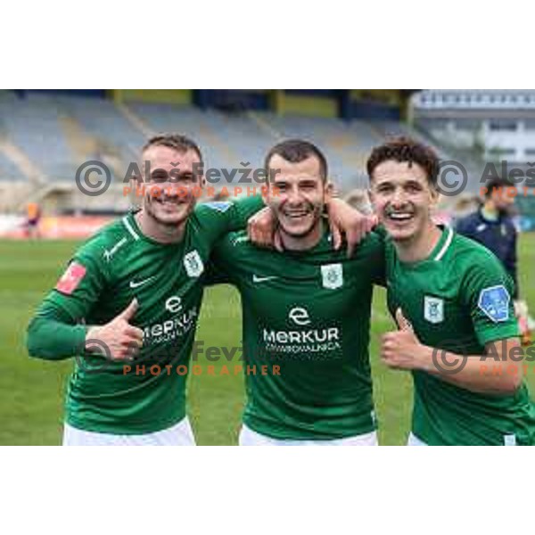 Djordje Ivanovic, Mihailo Perovic and Radivoj Bosic celebrate victory at Pivovarna Union Slovenian Cup 2020-2021 football match between Domzale and Olimpija in Domzale, Slovenia on May 12, 2021