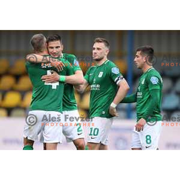 Denis Sme, Vitalijs Maksimenko, Timi Max Elsnik and Nino Pungarsek celebrate victory at Pivovarna Union Slovenian Cup 2020-2021 football match between Domzale and Olimpija in Domzale, Slovenia on May 12, 2021