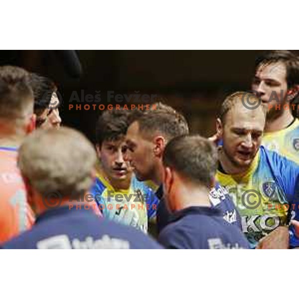 Luka Zvizej and Ziga Mlakar during 1.NLB league handball match between Gorenje Velenje and Celje Pivovarna Lasko in Velenje, Slovenia on May 12, 2021