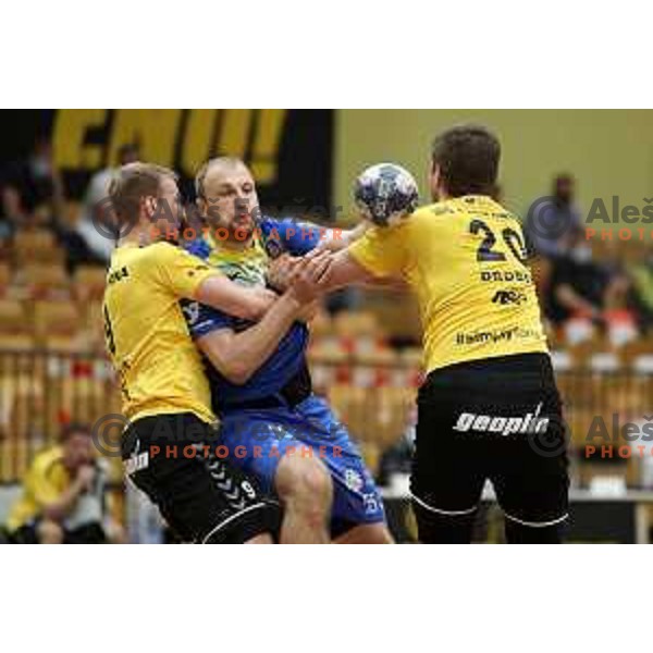 Domen Tajnik and Ziga Mlakar during 1.NLB league handball match between Gorenje Velenje and Celje Pivovarna Lasko in Velenje, Slovenia on May 12, 2021