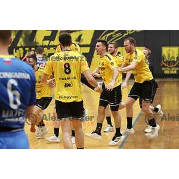 Players of Gorenje Velenje celebrate victory at 1.NLB league handball match between Gorenje Velenje and Celje Pivovarna Lasko in Velenje, Slovenia on May 12, 2021