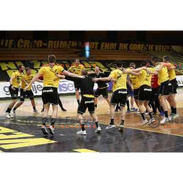 Players of Gorenje Velenje celebrate victory at 1.NLB league handball match between Gorenje Velenje and Celje Pivovarna Lasko in Velenje, Slovenia on May 12, 2021