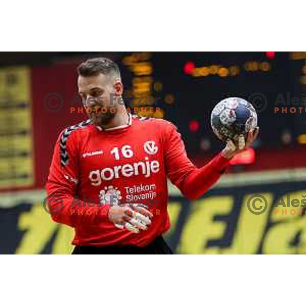 Aljaz Panjtar in action during 1.NLB league handball match between Gorenje Velenje and Celje Pivovarna Lasko in Velenje, Slovenia on May 12, 2021