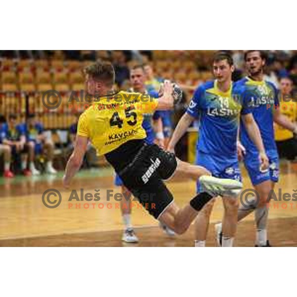 Miha Kavcic in action during 1.NLB league handball match between Gorenje Velenje and Celje Pivovarna Lasko in Velenje, Slovenia on May 12, 2021