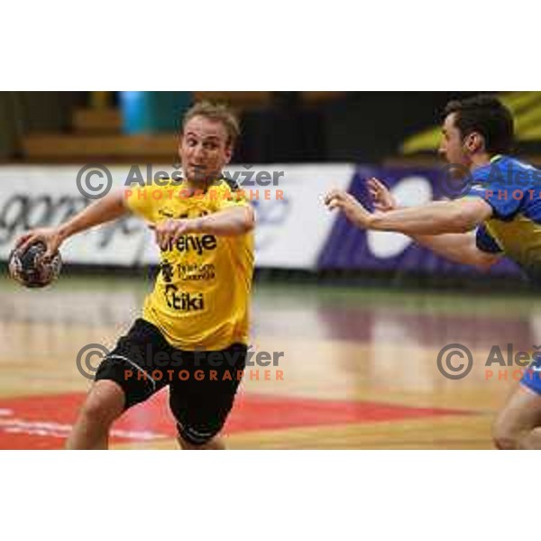 Domen Tajnik in action during 1.NLB league handball match between Gorenje Velenje and Celje Pivovarna Lasko in Velenje, Slovenia on May 12, 2021