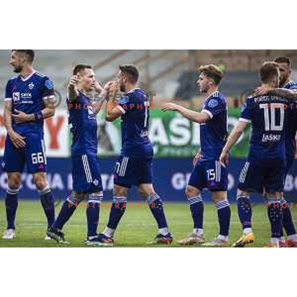 Martin Milec, Aljosa Matko and Jan Repas celebrating during Prva liga Telekom Slovenije football match between Maribor and Gorica in Ljudski vrt, Maribor, Slovenia on May 15, 2021