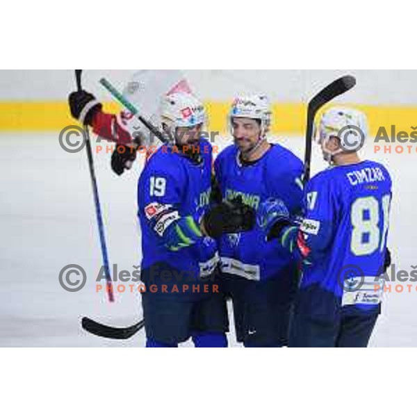 Ziga Pesut, Nik Simsic and Tadej Cimzar during Beat Covid-19 ice-hockey tournament match between Slovenia and Austria in Tivoli Hall, Ljubljana on May 15, 2021
