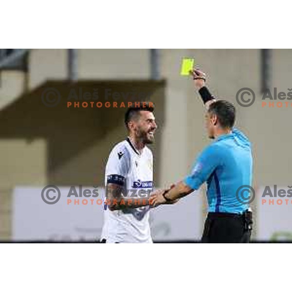 Referee Slavko Vincic shows yellow card to Ivica Guberac during Prva Liga Telekom Slovenije 2020-2021 football match between Domzale and Koper in Domzale, Slovenia on May 16, 2021