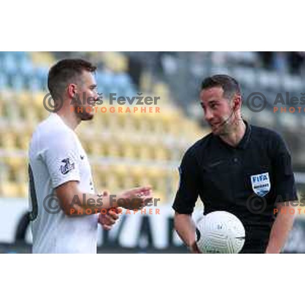 Timi Max Elsnik and referee Nejc Kajtazovic during Prva liga Telekom Slovenije 2020-2021 football match between Celje and Olimpija in Celje on May 16, 2021