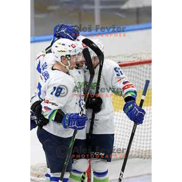 Nik Simsic, Ken Ograjensek and Anze Kuralt celebrate goal during Beat Covid-19 ice-hockey tournament match between Slovenia and France in Tivoli Hall, Ljubljana on May 17, 2021