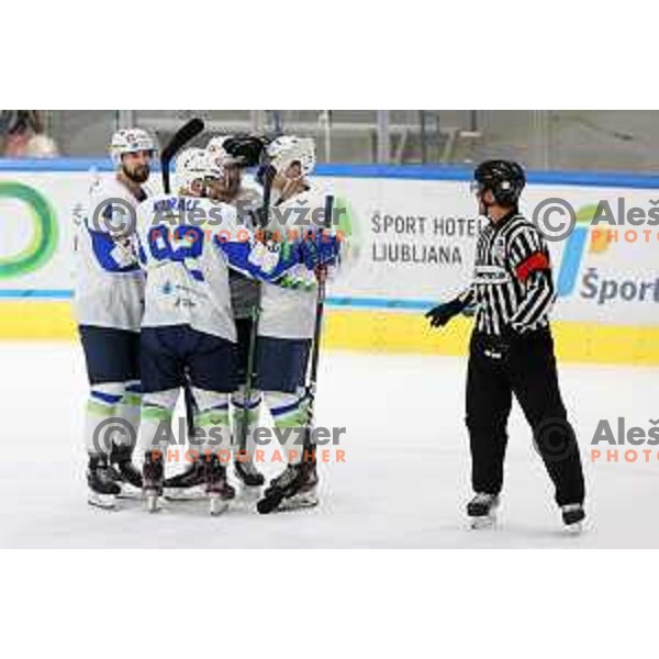 Aleksandar Magovac, Anze Kuralt nad Ken Ograjensek celebrate goal during Beat Covid-19 ice-hockey tournament match between Slovenia and Romania in Tivoli Hall, Ljubljana on May 18, 2021
