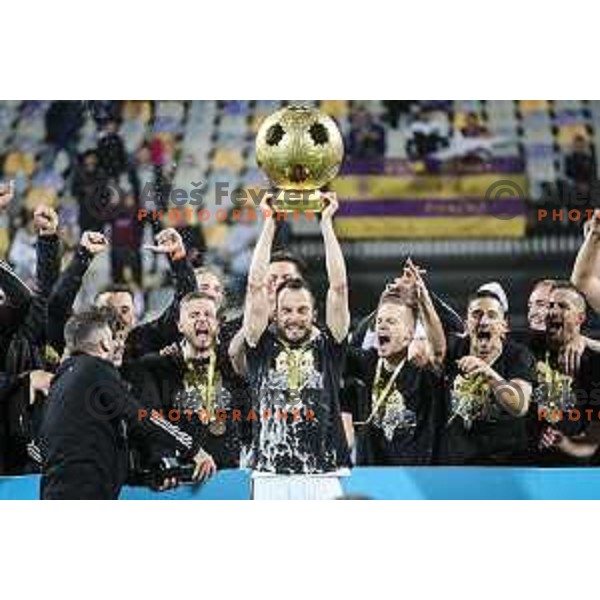 Ziga Kous and other players of Mura celebrating after becoming champions of Prva liga Telekom Slovenije 2020/2021 in Ljudski vrt, Maribor, Slovenia on May 22, 2021