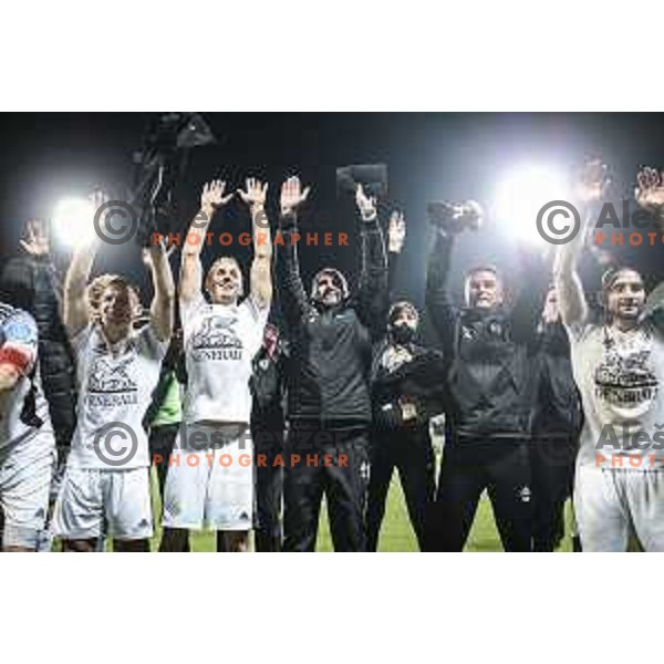 Klemen Sturm, Matic Marusko, Ante Simundza, head coach of Mura celebrating after becoming champions of Prva liga Telekom Slovenije 2020/2021 in Ljudski vrt, Maribor, Slovenia on May 22, 2021
