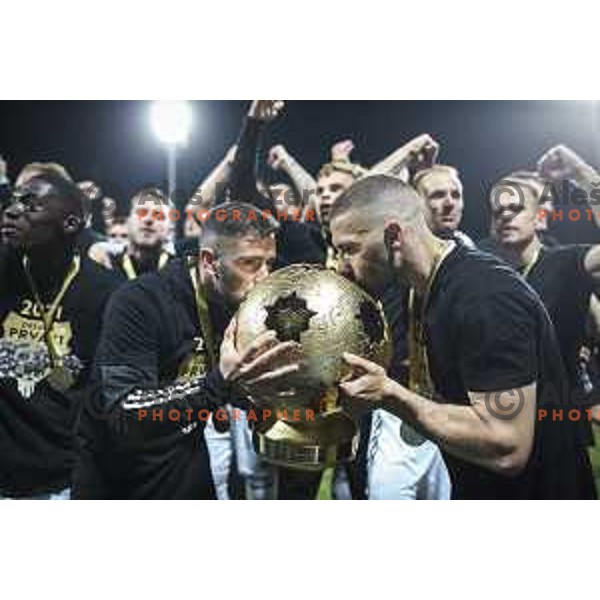 Nino Kouter celebrating after becoming champions of Prva liga Telekom Slovenije 2020/2021 in Ljudski vrt, Maribor, Slovenia on May 22, 2021