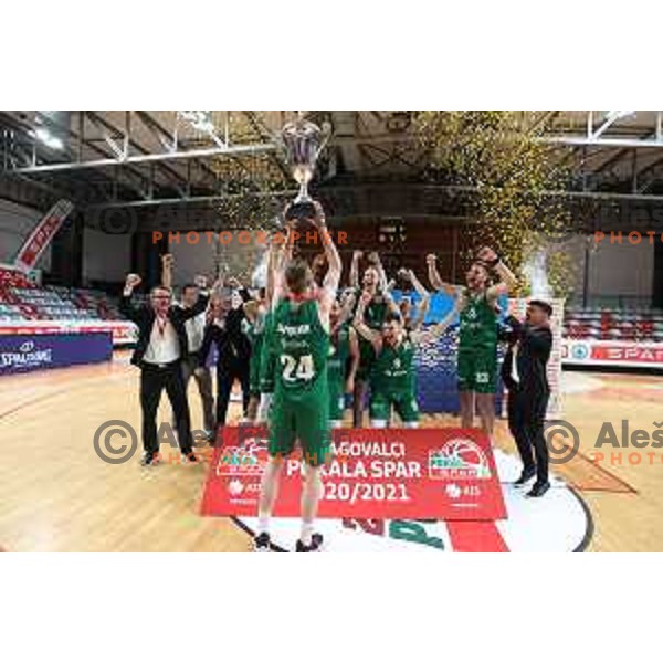 Players of Krka celebrate victory in the Final of Spar Cup over Sentjur in Kodeljevo Hall, Ljubljana, Slovenia on May 22, 2021