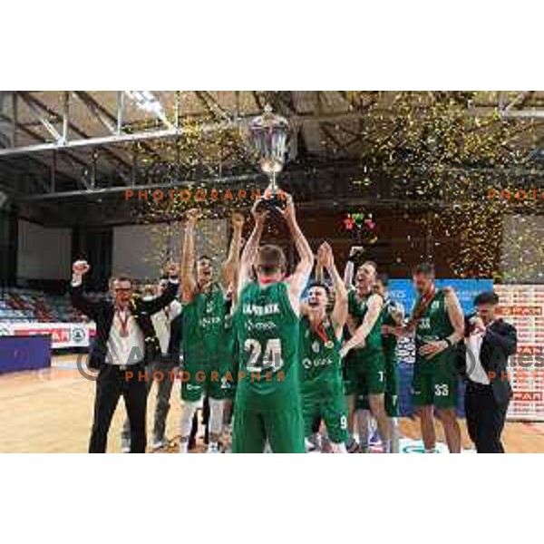 Players of Krka celebrate victory in the Final of Spar Cup over Sentjur in Kodeljevo Hall, Ljubljana, Slovenia on May 22, 2021