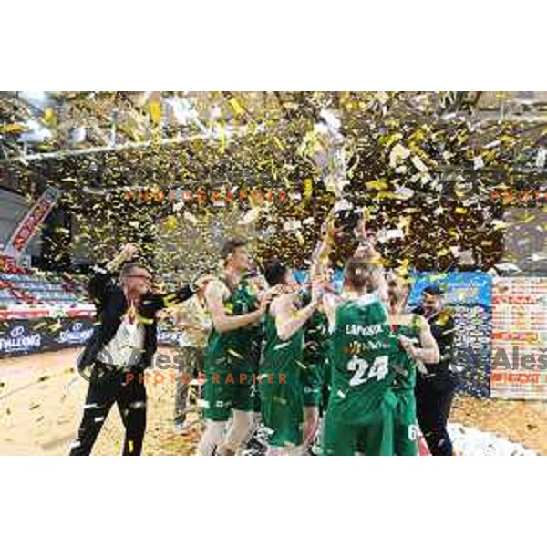 Players of Krka celebrate victory in the Final of Spar Cup over Sentjur in Kodeljevo Hall, Ljubljana, Slovenia on May 22, 2021