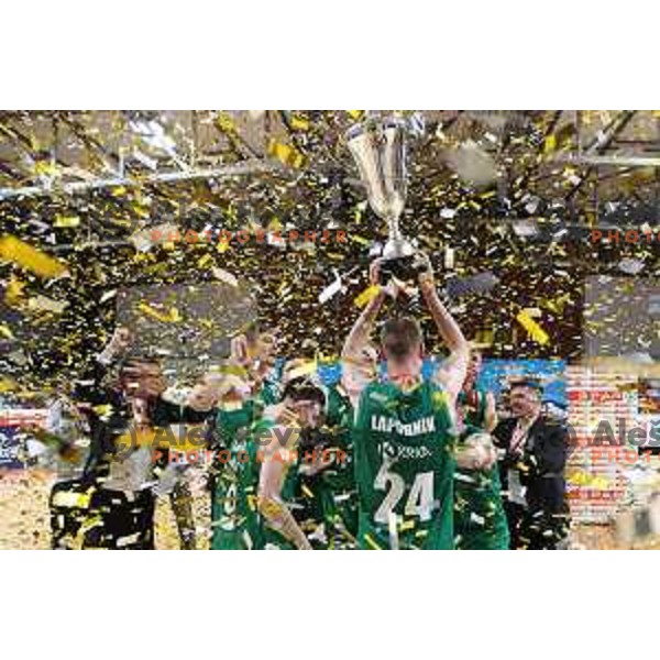 Players of Krka celebrate victory in the Final of Spar Cup over Sentjur in Kodeljevo Hall, Ljubljana, Slovenia on May 22, 2021