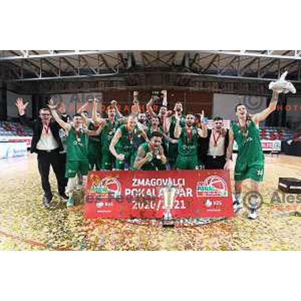 Players of Krka celebrate victory in the Final of Spar Cup over Sentjur in Kodeljevo Hall, Ljubljana, Slovenia on May 22, 2021