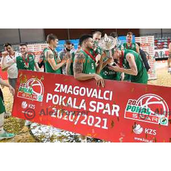 Players of Krka celebrate victory in the Final of Spar Cup over Sentjur in Kodeljevo Hall, Ljubljana, Slovenia on May 22, 2021