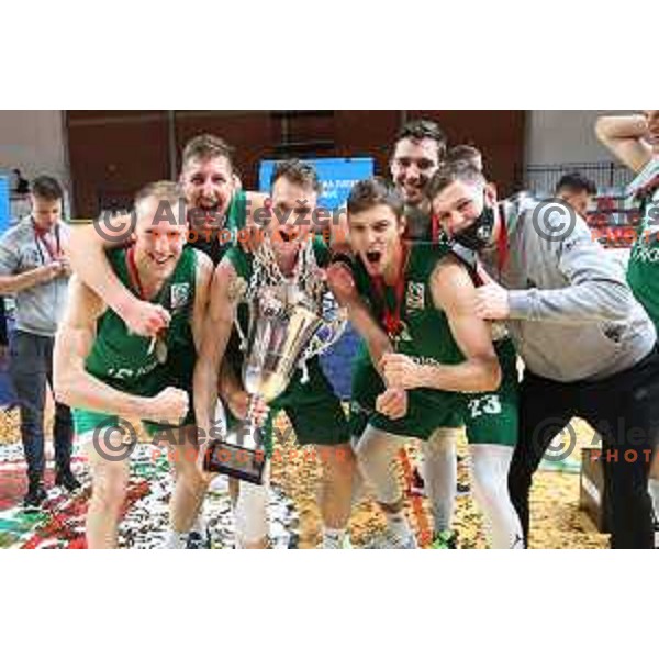 Players of Krka celebrate victory in the Final of Spar Cup over Sentjur in Kodeljevo Hall, Ljubljana, Slovenia on May 22, 2021