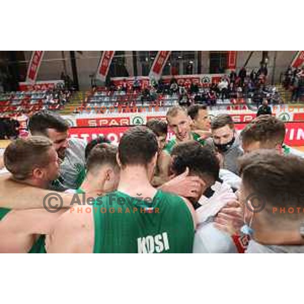 Players of Krka celebrate victory in the Final of Spar Cup over Sentjur in Kodeljevo Hall, Ljubljana, Slovenia on May 22, 2021