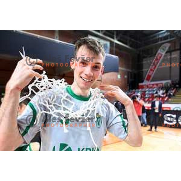 Players of Krka celebrate victory in the Final of Spar Cup over Sentjur in Kodeljevo Hall, Ljubljana, Slovenia on May 22, 2021