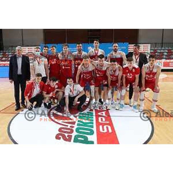 Players of Krka celebrate victory in the Final of Spar Cup over Sentjur in Kodeljevo Hall, Ljubljana, Slovenia on May 22, 2021