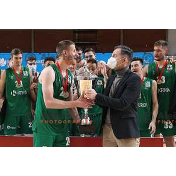 Players of Krka celebrate victory in the Final of Spar Cup over Sentjur in Kodeljevo Hall, Ljubljana, Slovenia on May 22, 2021