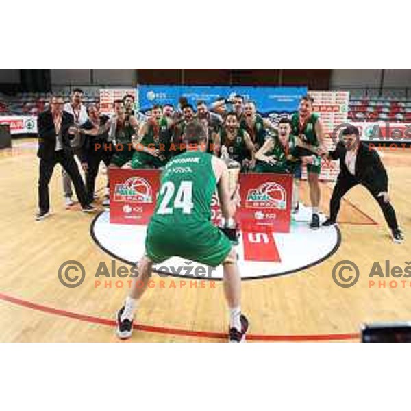 Players of Krka celebrate victory in the Final of Spar Cup over Sentjur in Kodeljevo Hall, Ljubljana, Slovenia on May 22, 2021