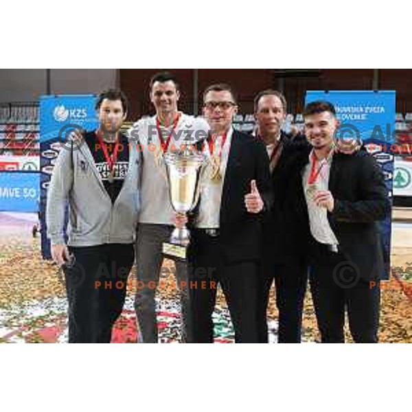 Players of Krka celebrate victory in the Final of Spar Cup over Sentjur in Kodeljevo Hall, Ljubljana, Slovenia on May 22, 2021