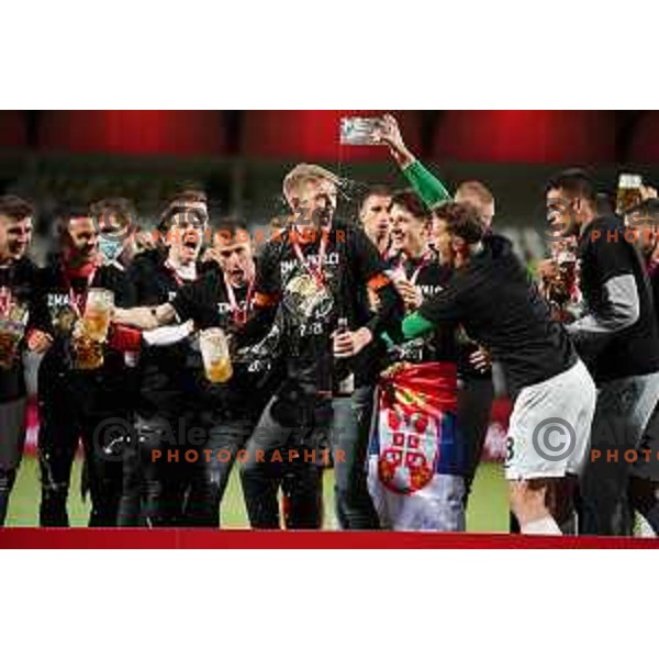 Players of Olimpija celebrate victory in Pivovarna Union Slovenian Cup Final between Koper and Olimpija in Koper, Slovenia on May 25, 2021