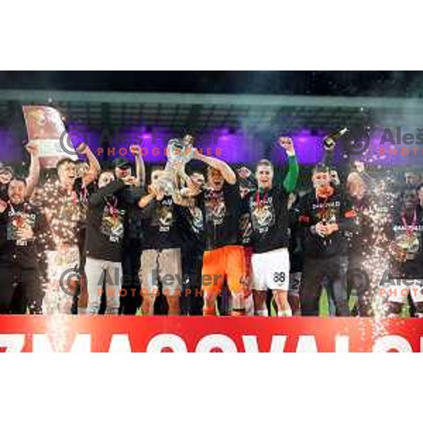 Players of Olimpija celebrate victory in Pivovarna Union Slovenian Cup Final between Koper and Olimpija in Koper, Slovenia on May 25, 2021
