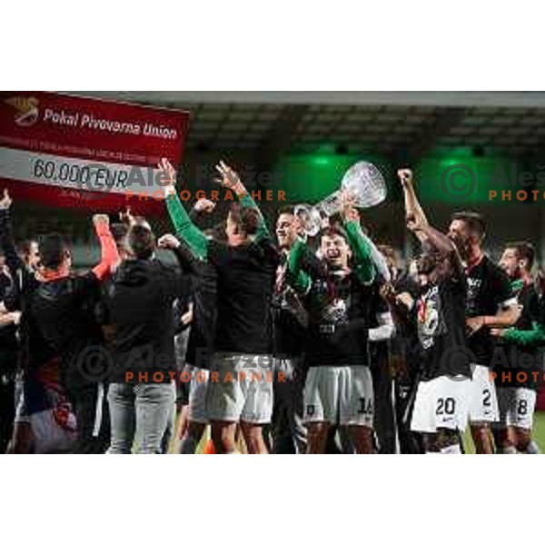 Players of Olimpija celebrate victory in Pivovarna Union Slovenian Cup Final between Koper and Olimpija in Koper, Slovenia on May 25, 2021