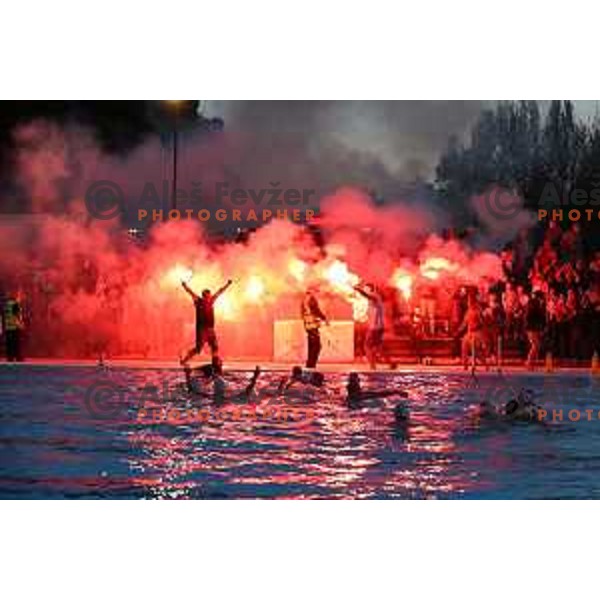 players of Calcit Kamnik celebrate Slovenian National Waterpolo Title after victory over Triglav Kranj in the fourth match of the Final in Kamnik, Slovenia on June 2, 2021