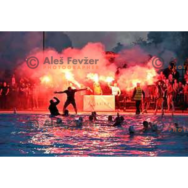 players of Calcit Kamnik celebrate Slovenian National Waterpolo Title after victory over Triglav Kranj in the fourth match of the Final in Kamnik, Slovenia on June 2, 2021
