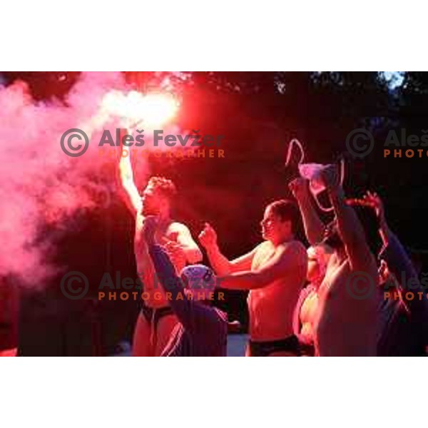 players of Calcit Kamnik celebrate Slovenian National Waterpolo Title after victory over Triglav Kranj in the fourth match of the Final in Kamnik, Slovenia on June 2, 2021