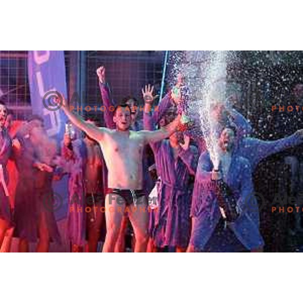 players of Calcit Kamnik celebrate Slovenian National Waterpolo Title after victory over Triglav Kranj in the fourth match of the Final in Kamnik, Slovenia on June 2, 2021