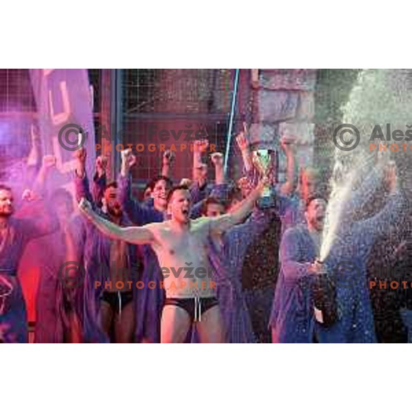 players of Calcit Kamnik celebrate Slovenian National Waterpolo Title after victory over Triglav Kranj in the fourth match of the Final in Kamnik, Slovenia on June 2, 2021